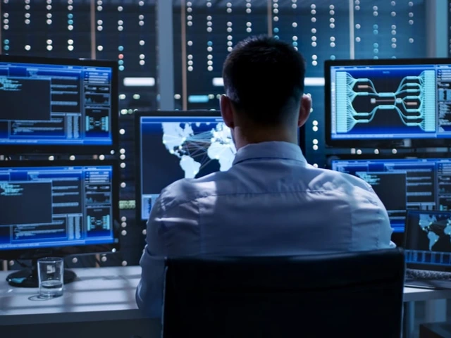 Man in front of computer screens