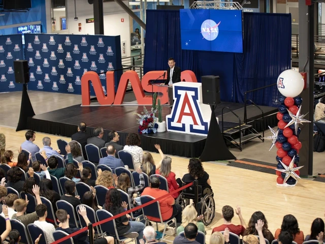 NASA Administrator Jared Isaacman speaks to hundreds of students and community members in the Bear Down Gym as part of NASA's Inspiration Tour on Wednesday. The agency aimed to inspire students to help shape a new era of space exploration.